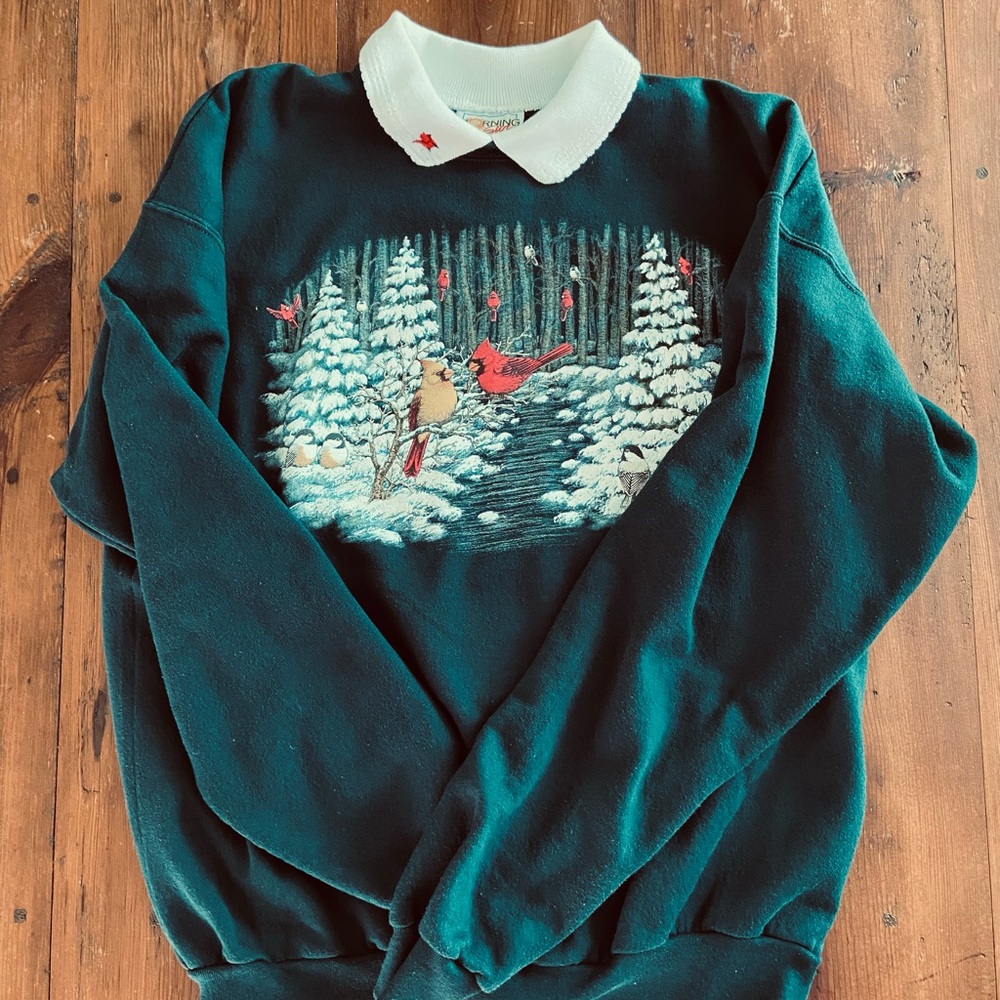 Morning Sun forest green sweatshirt with cardinals  in a forest, size large